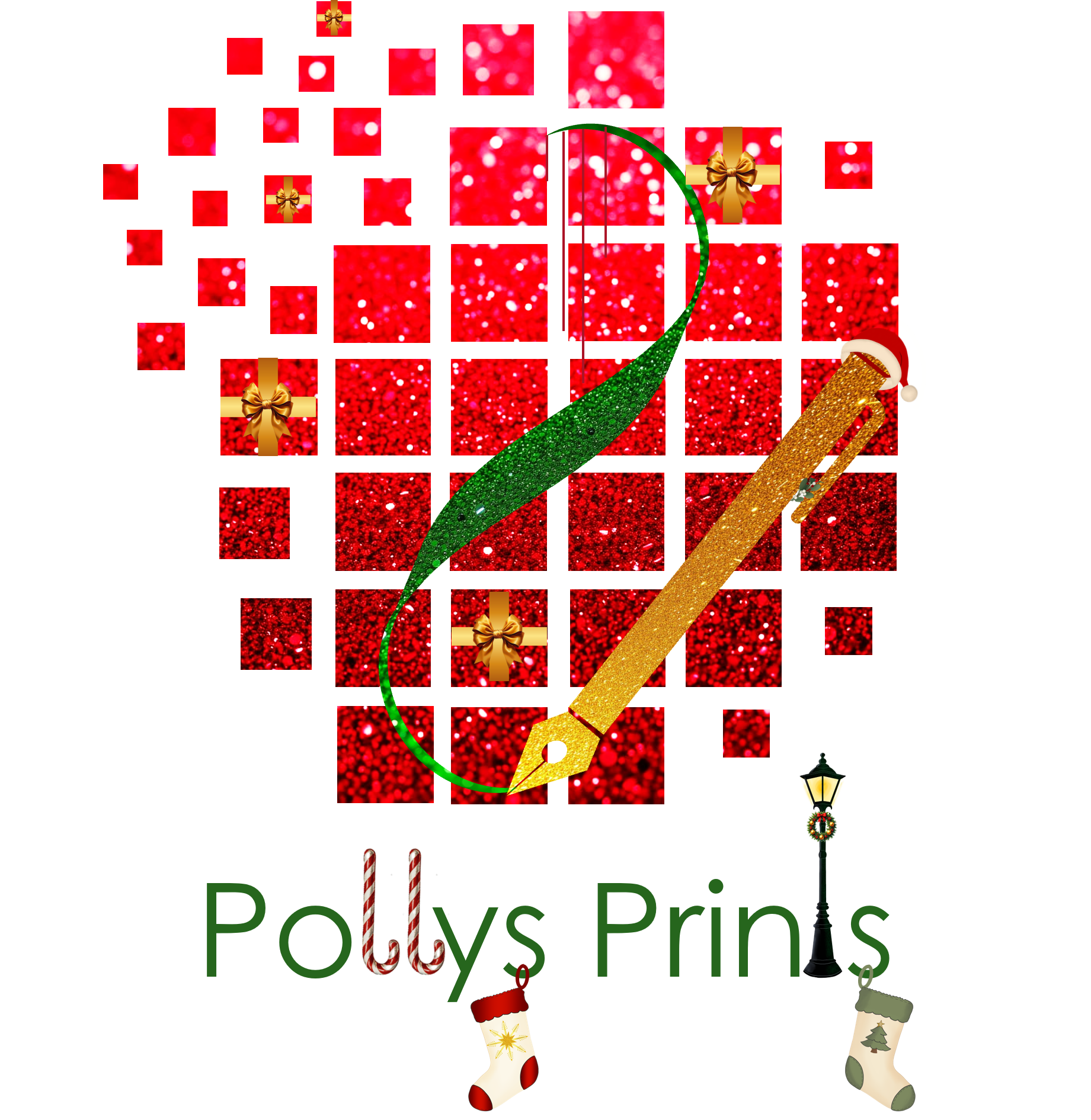 A digital illustration celebrating Christmas with a large, decorated red gift box adorned with gold bows and a green, sparkling ribbon. The scene includes holiday-themed accents like a Christmas stocking, a candy cane, a lit street lamp with a wreath, and a pink background.