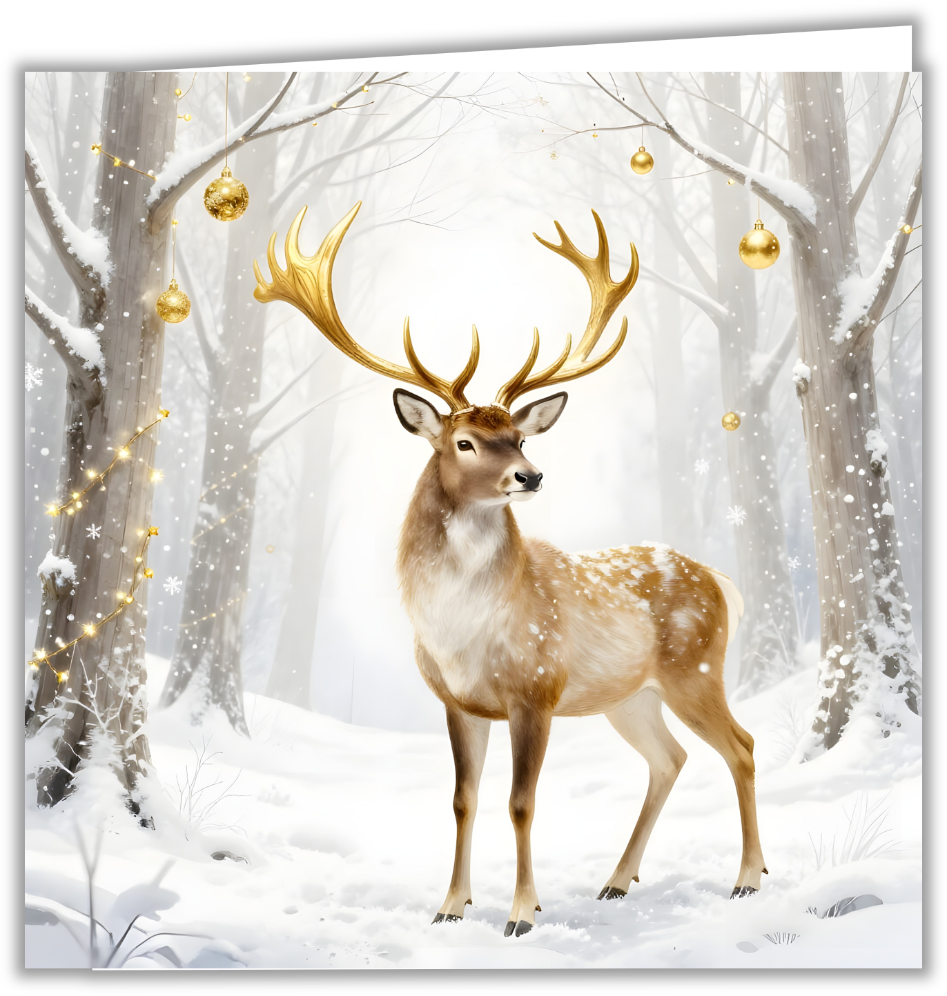 A reindeer with golden antlers standing in a snowy, winter forest decorated with golden ornaments and lights.