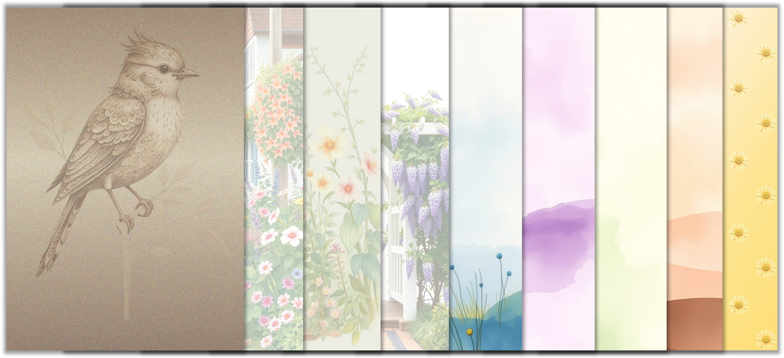 A collage of nine vertical panels featuring various landscape and nature-themed artwork, including a detailed pencil drawing of a bird, floral scenes, mountain and water landscapes, and abstract watercolor designs.