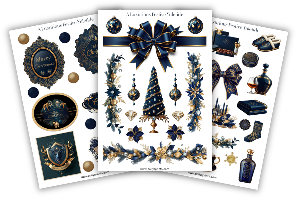 Three sheets of Christmas-themed decorations and illustrations with a luxurious navy and gold color scheme. The middle sheet features a large gift bow, Christmas ornaments, and floral arrangements. The left sheet displays Christmas tags and ornaments, and the right sheet shows holiday gift wrap and accessories like perfume, wine, and stockings.