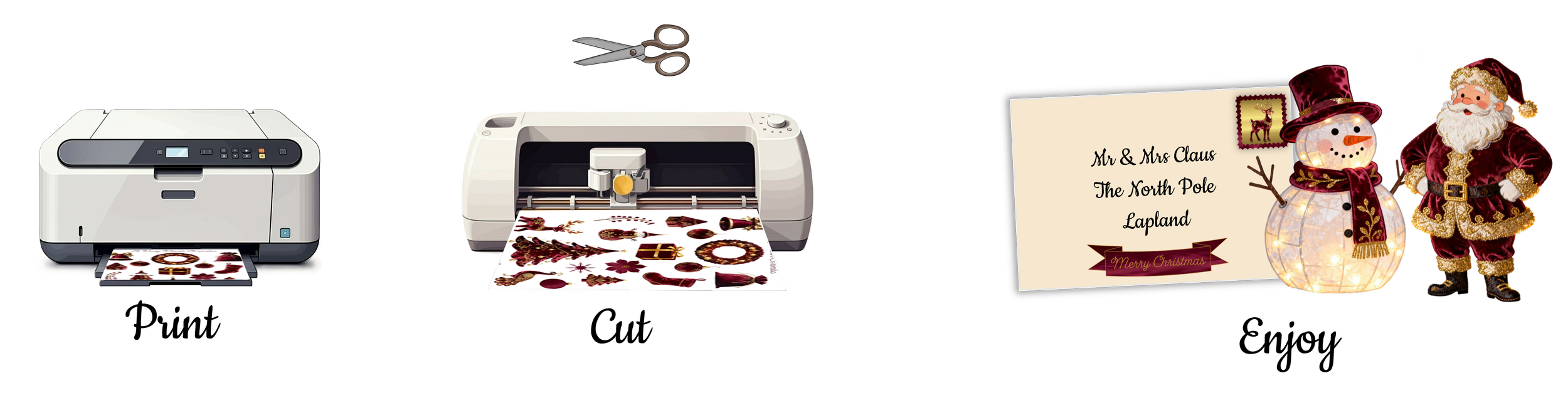 A cutting machine with Christmas decorations, a pair of scissors above it, and a file with a Christmas greeting, along with Christmas ornaments, a snowman, and Santa Claus.