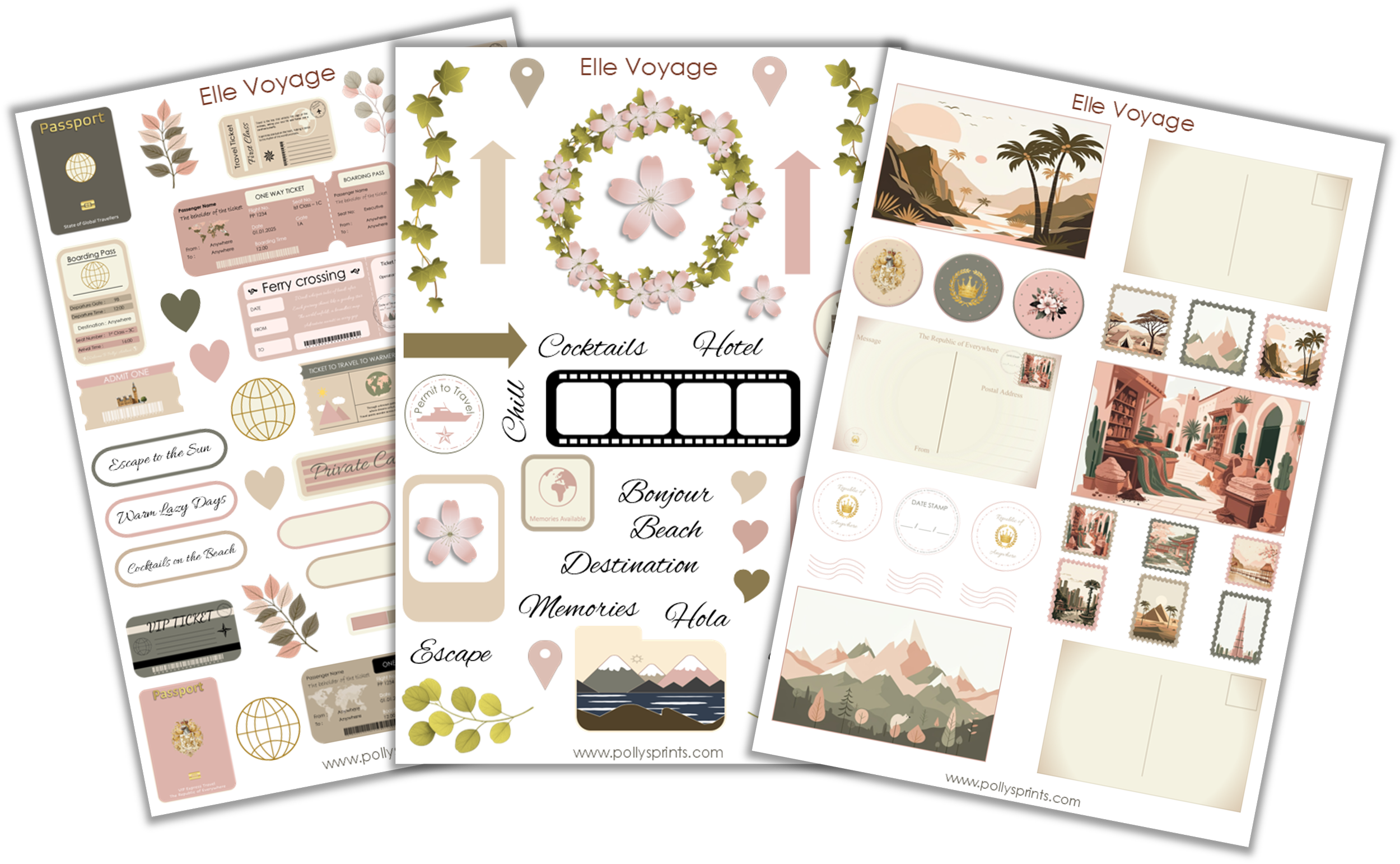 Three sheets of travel-themed stickers and printable postcard designs with soft pink, beige, and green color schemes, including travel icons, illustrations of landscapes, postage stamps, and travel-related words and phrases.