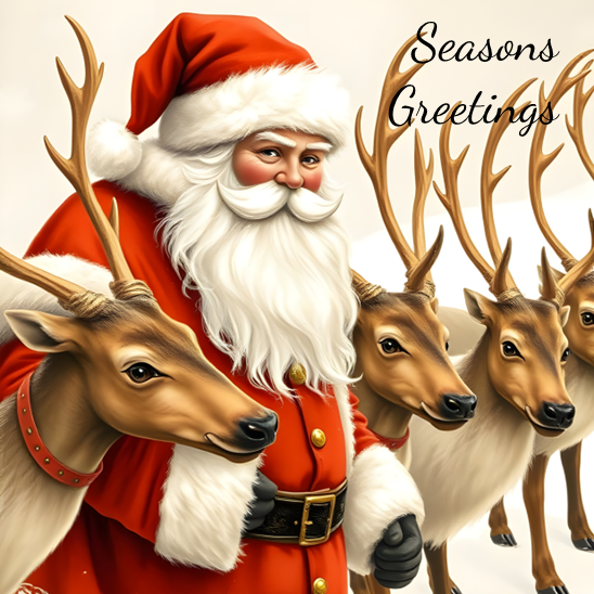 Santa Claus in a red suit and hat, surrounded by reindeer, with "Seasons Greetings" written in cursive.