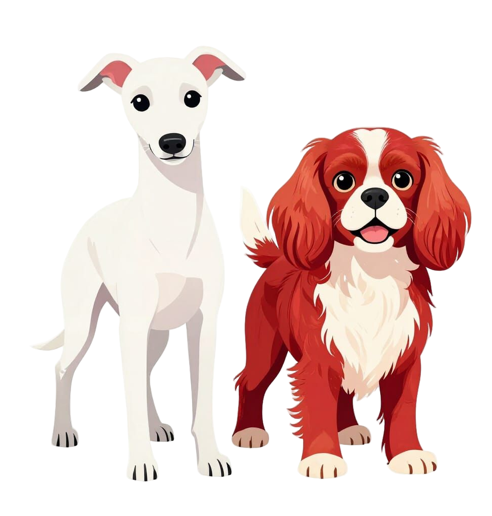 Illustration of two dogs, one white with black eyes and a black nose, and the other red and white with long ears and an open mouth.