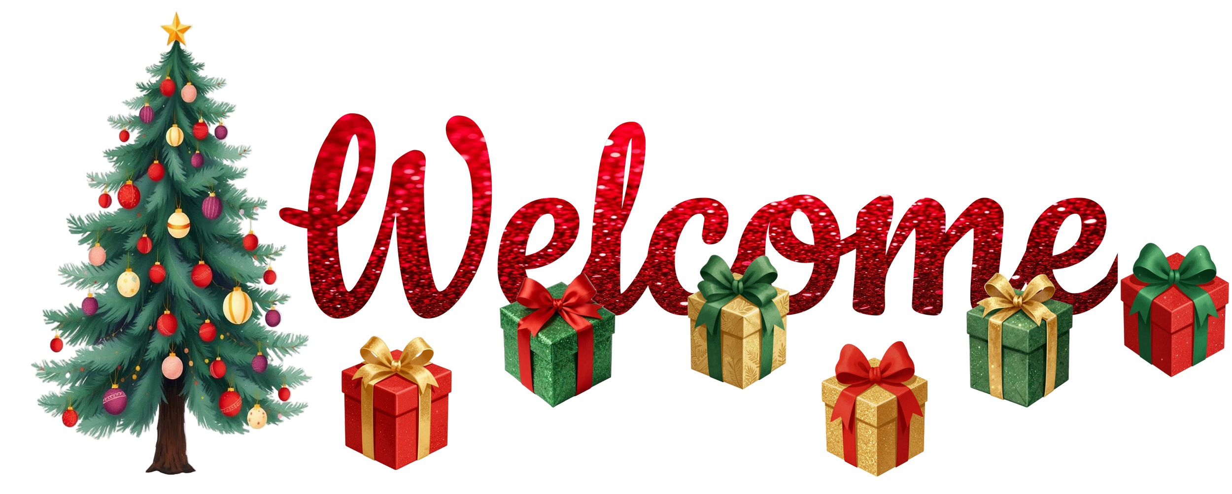Christmas-themed graphic with a decorated Christmas tree and the word "Welcome" in red glittery text, surrounded by wrapped gift boxes with ribbons.