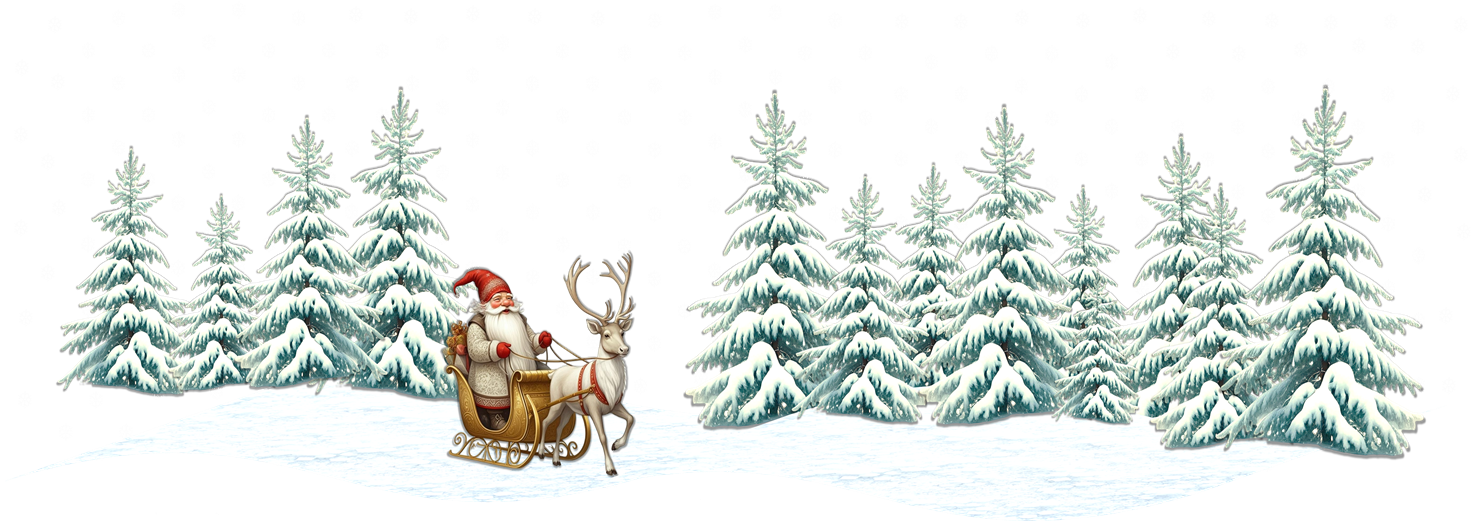Santa Claus riding in a sleigh pulled by a reindeer through a snowy forest of snow-covered evergreen trees.