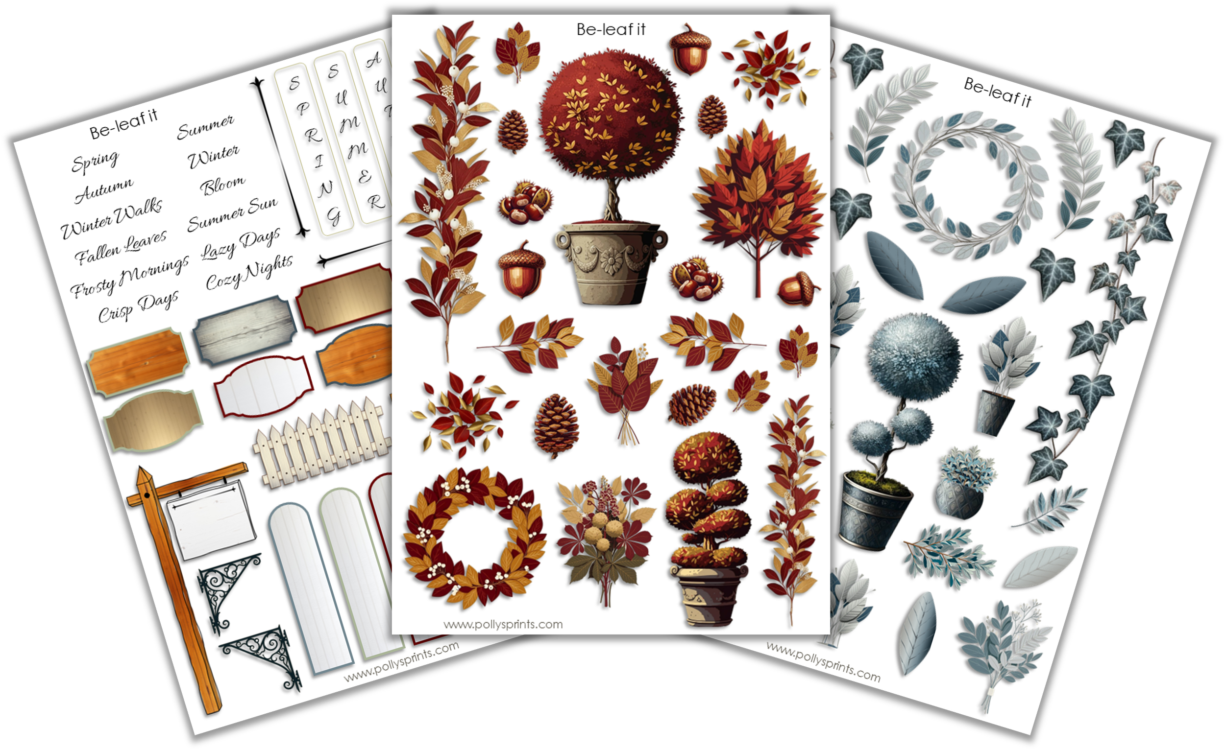 Three sheets of autumn-themed party decoration stickers and labels, featuring fall leaves, trees, and foliage in warm colors, with various decorative elements like wreaths, pinecones, and potted plants.