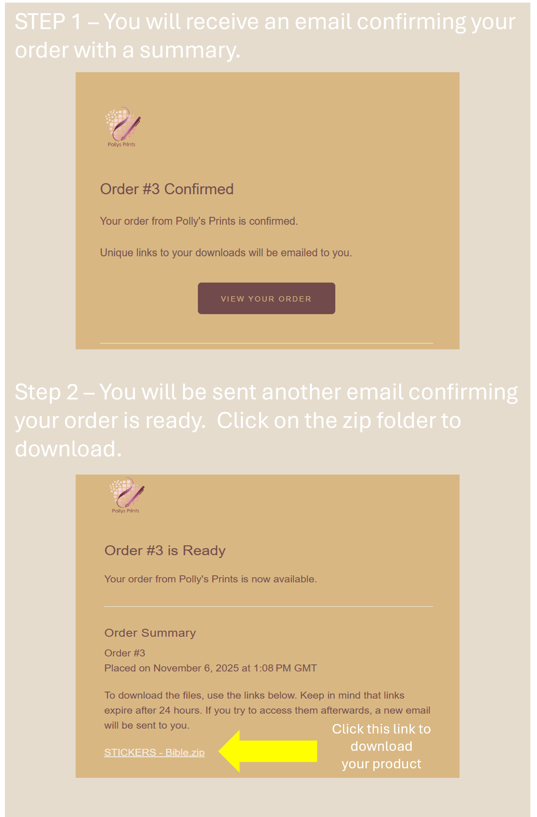 Screenshots of email confirmation and readiness for download for an order from Polly's Prints, with instructions to click a link labeled "STICKERS - Bible.zip" to download the product.