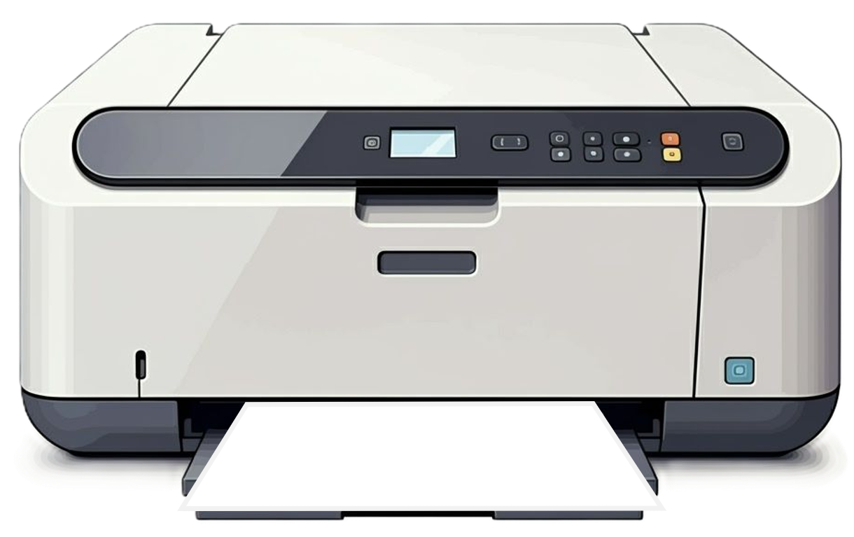A modern white multifunction printer with a control panel on top, a small screen, and buttons, printing out a blank sheet of paper.