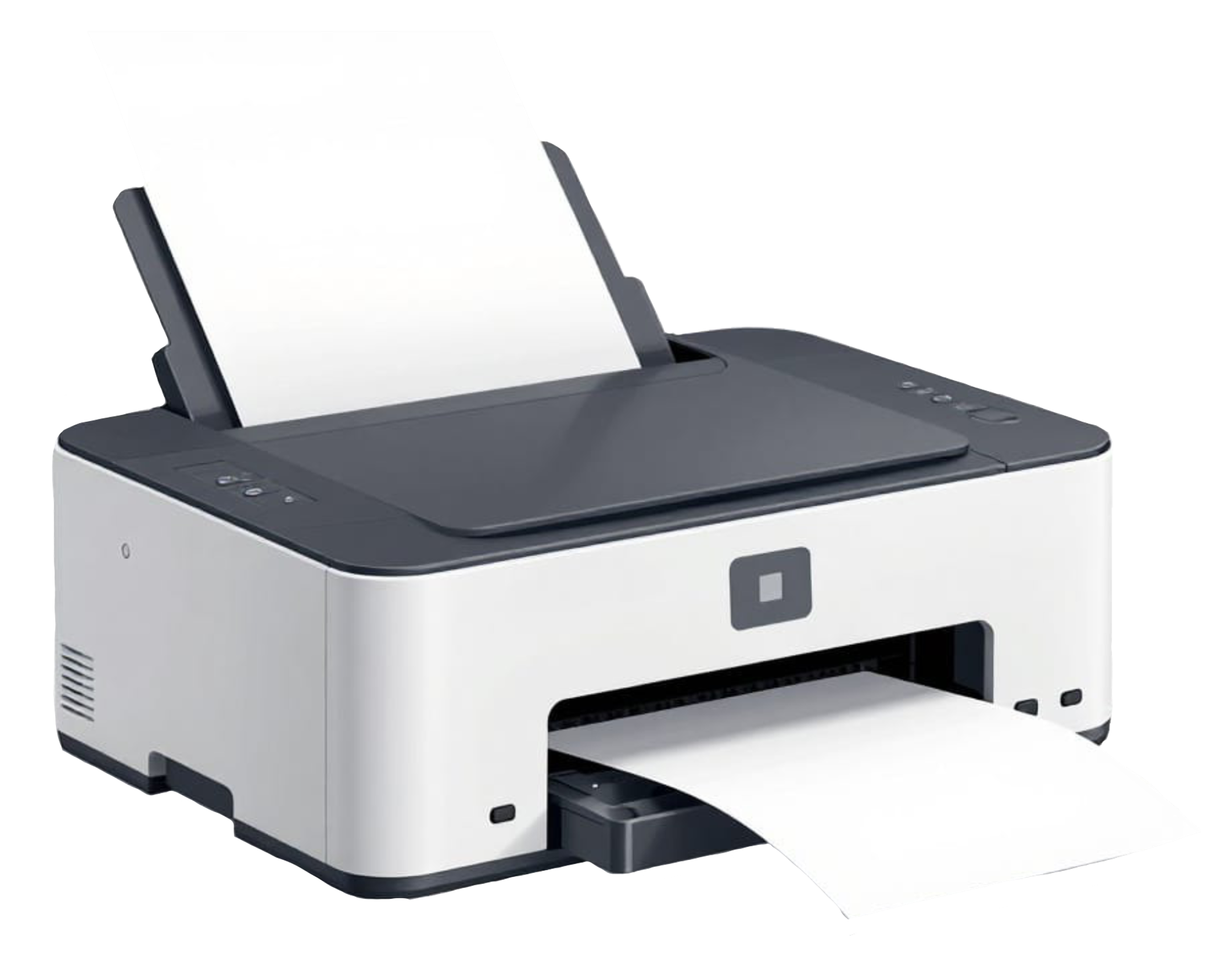 A modern black and white multifunction printer with a paper tray at the front, printing a sheet of paper, and control buttons on the top right side.