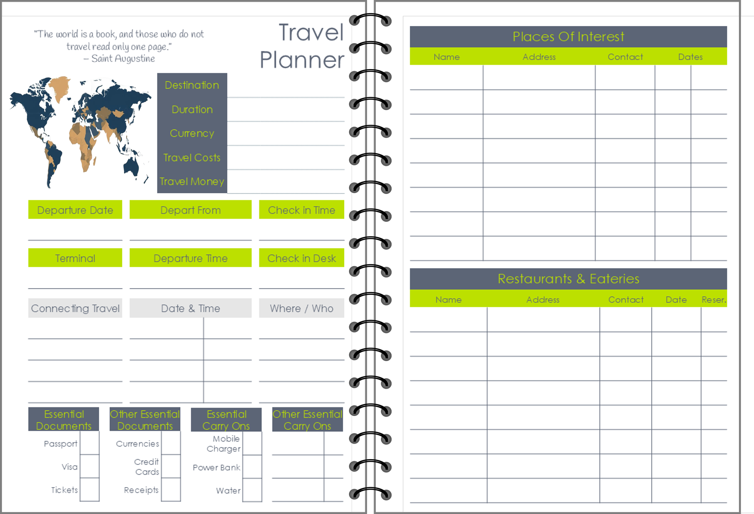 Travel planner notebook with a world map, destination details, travel dates, and contact information sections. Contains travel essentials, documents, and carry-on items.
