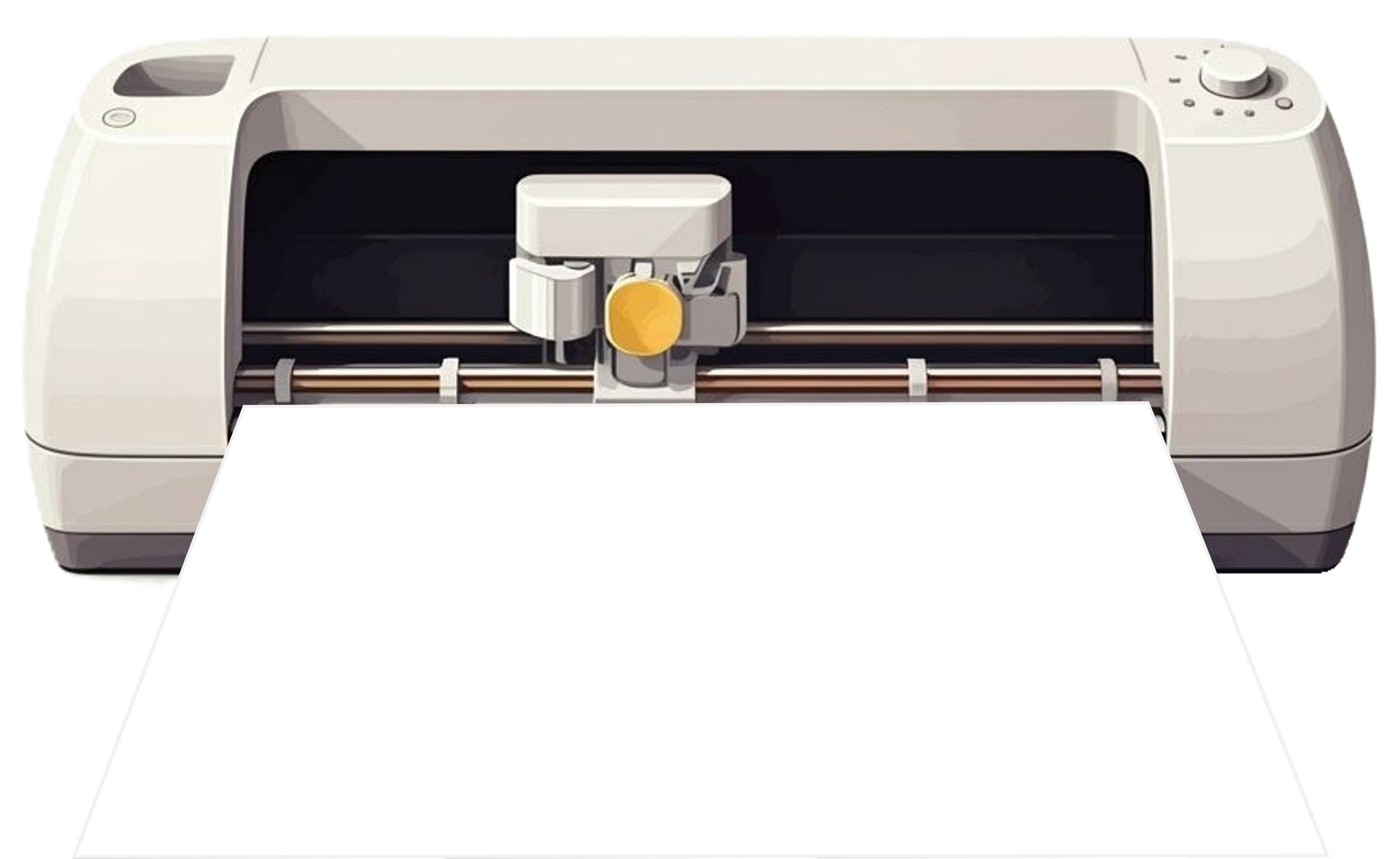 A Cricut cutting machine with a piece of white paper being cut.