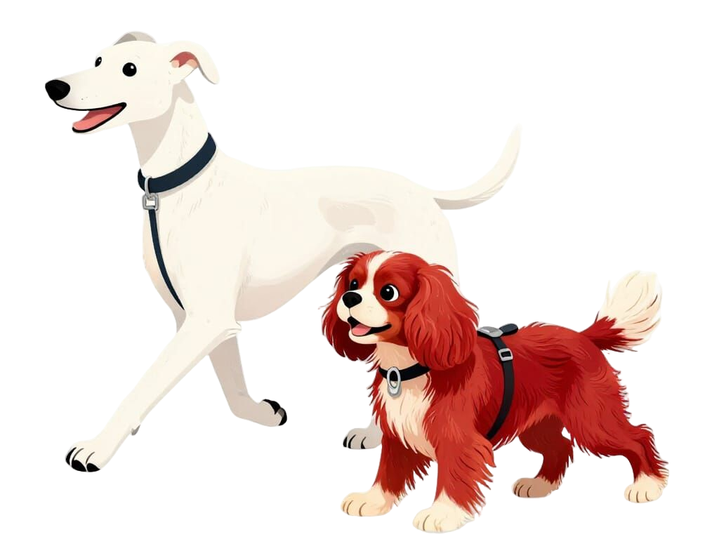 Two cartoon dogs, one large white dog with a collar and one smaller red and white dog with a harness, standing side by side.