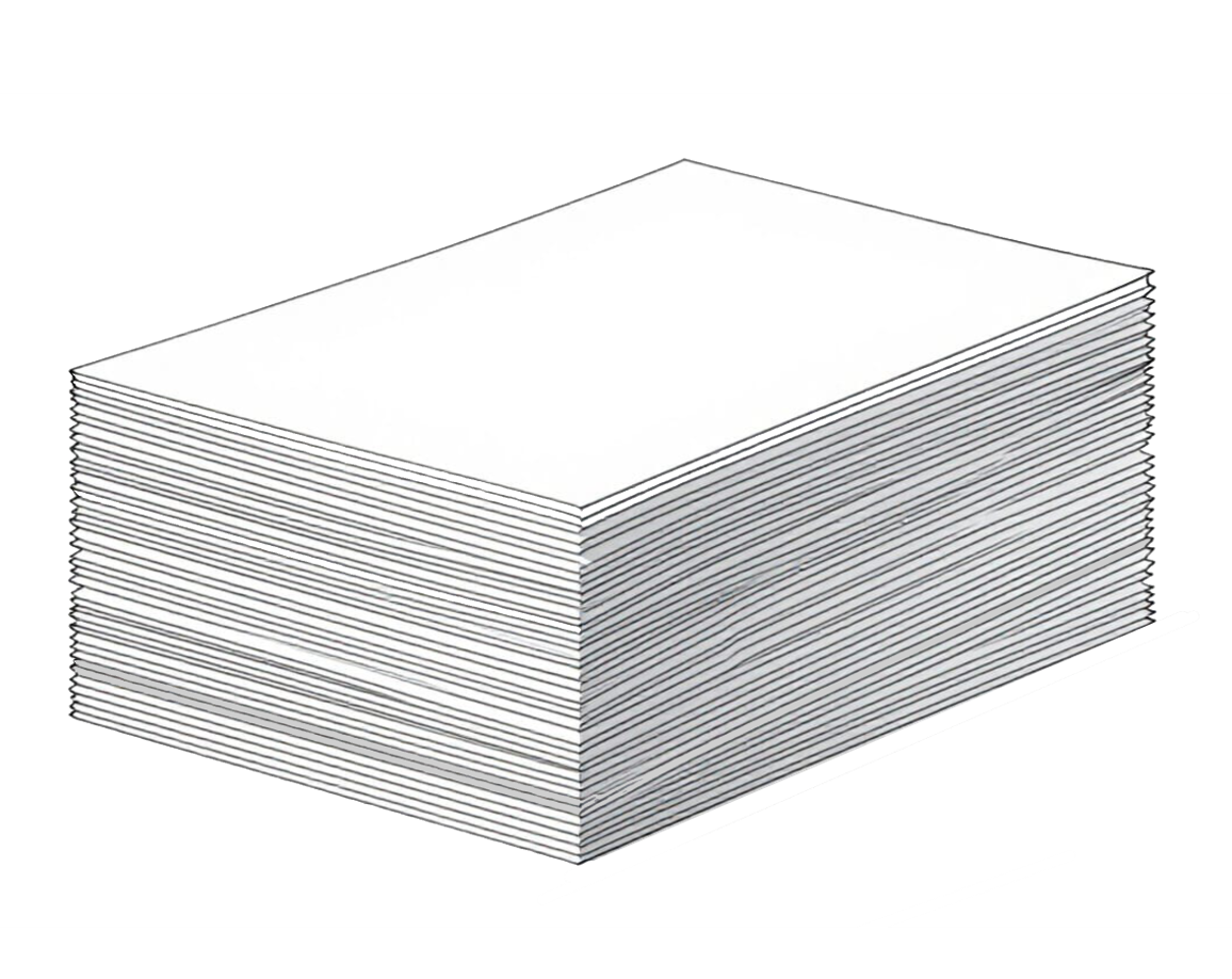 Stack of white paper sheets with black outlines, displaying multiple sheets.