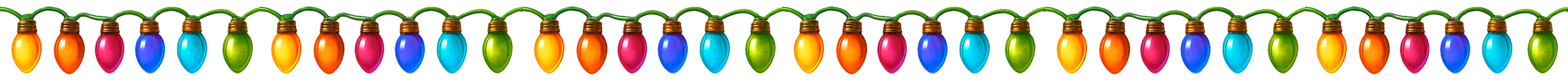 A string of colorful holiday lights featuring various colors including red, orange, pink, blue, green, yellow, and purple, connected by a green wire.