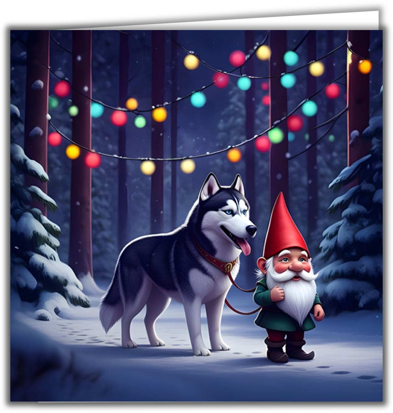 Cartoon of a husky dog and a gnome walking through a snow-covered forest at night, decorated with colorful hanging lights.