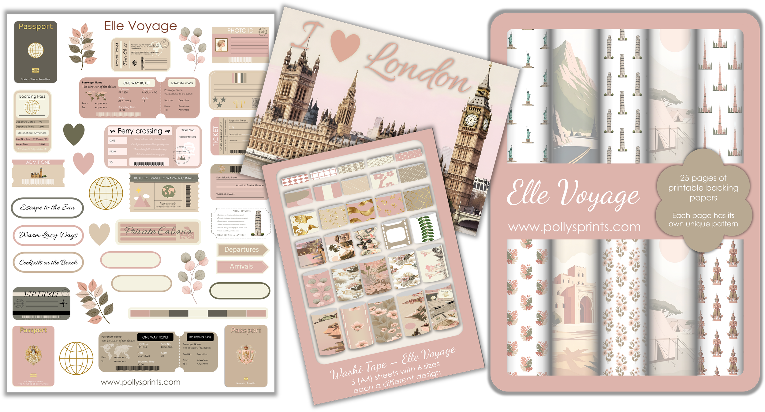 Collection of travel-themed scrapbook supplies, including London landmarks, printable backing papers, washi tapes, and travel stickers, all with a soft pink, beige, and green color scheme.