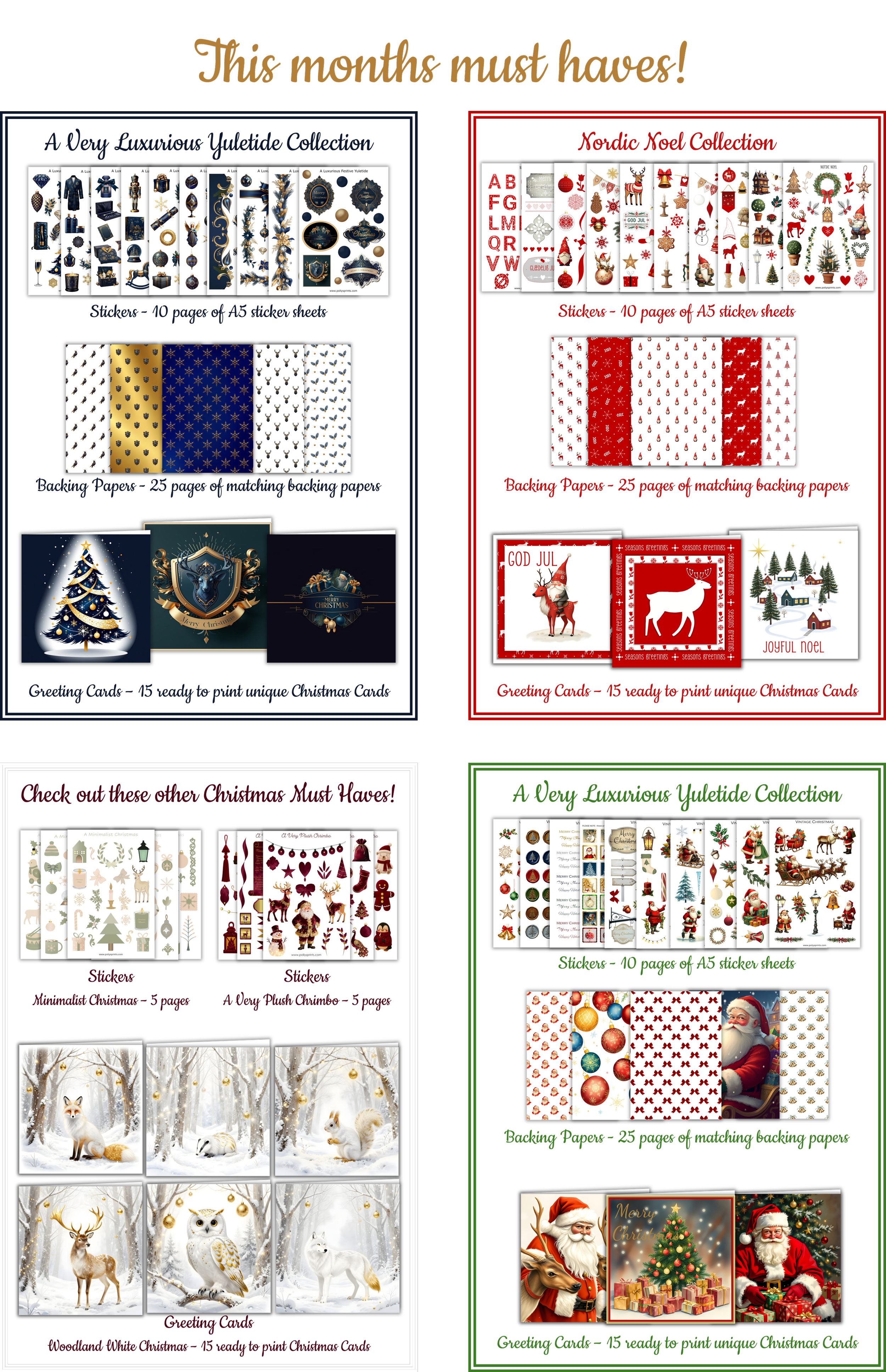 Christmas-themed collection posters with sections of holiday card and sticker designs for December celebrations, including luxury, festive, and woodland themes.