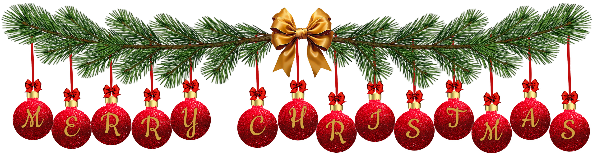 Christmas season decoration with a green pine garland, a gold bow in the center, and red Christmas ornaments spelling out "MERRY CHRISTMAS" with gold lettering.