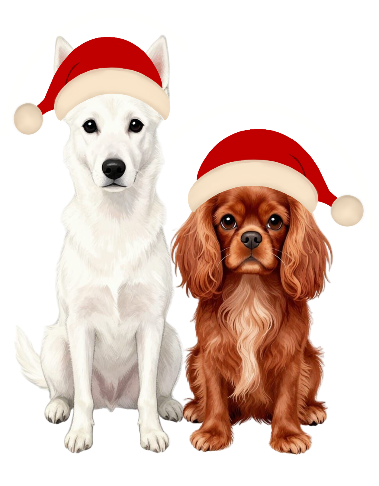 Two dogs wearing Santa hats, one white and one brown, sitting next to each other.