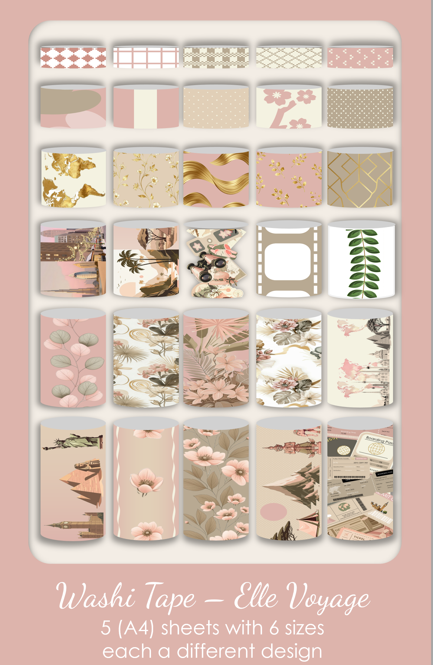 Collection of Washi tapes with various patterns and designs in soft pink, beige, brown, and gold tones, displayed on a storage tray with a pink background. The label indicates they are Elle Voyage Washi Tape, consisting of five sheets with six different designs each.