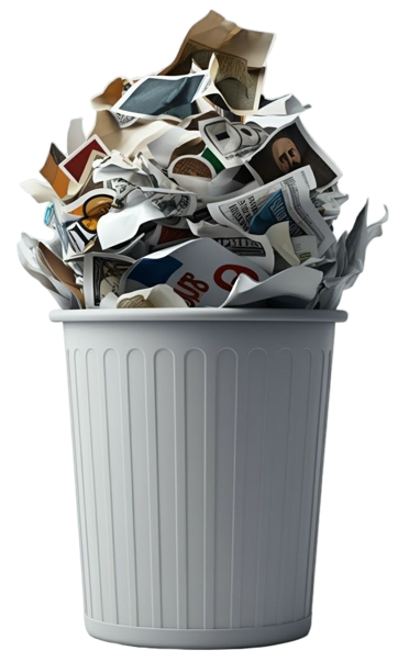 A white trash can overflowing with crumpled paper and printed materials.