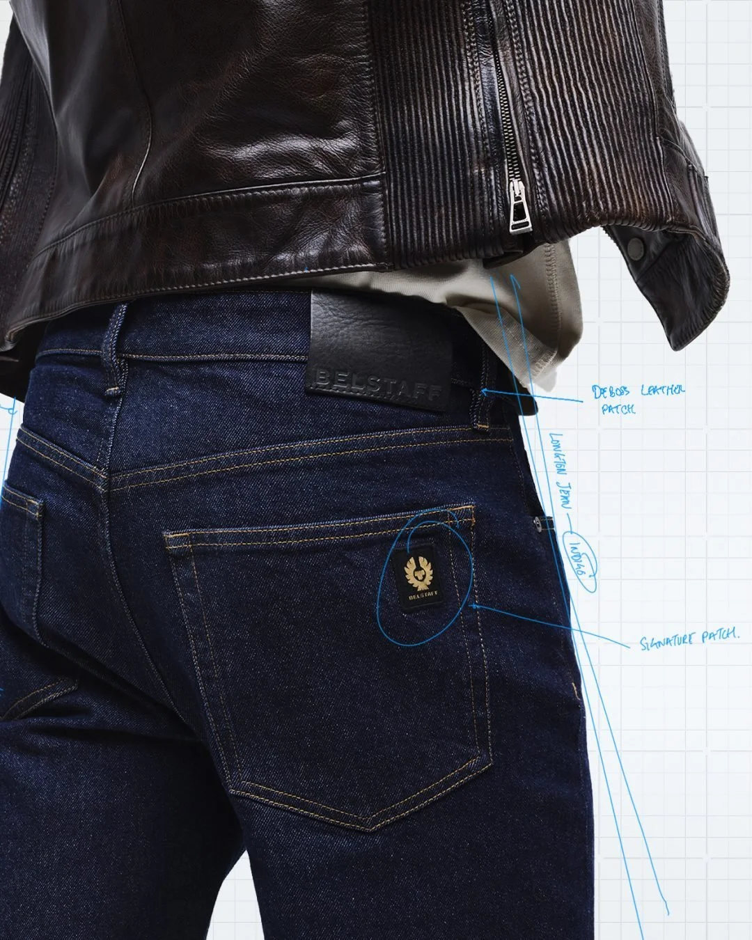 Close-up view of a person wearing dark blue jeans and a brown leather jacket. The jeans feature a signature patch on the back pocket and there is a debossed leather patch near the waist.
