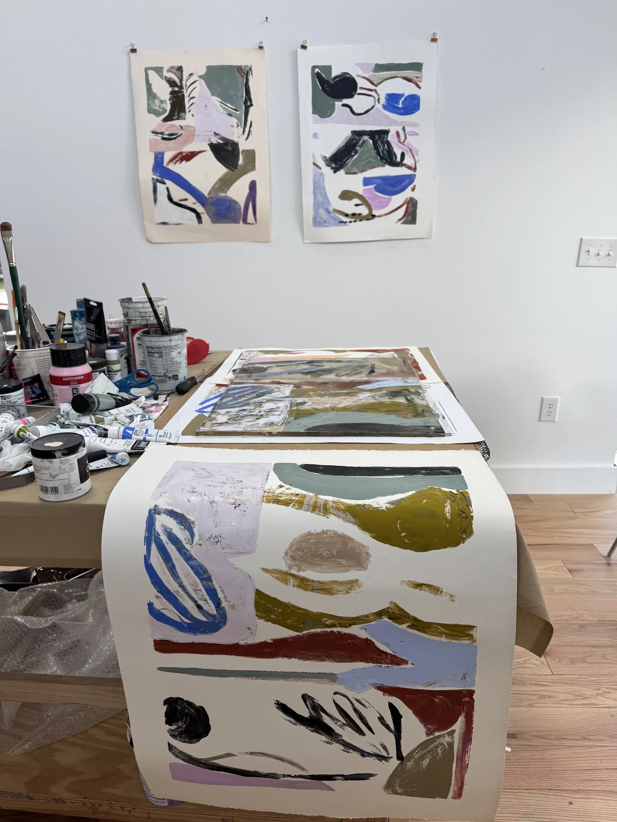 Monotypes finished and in progress in studio