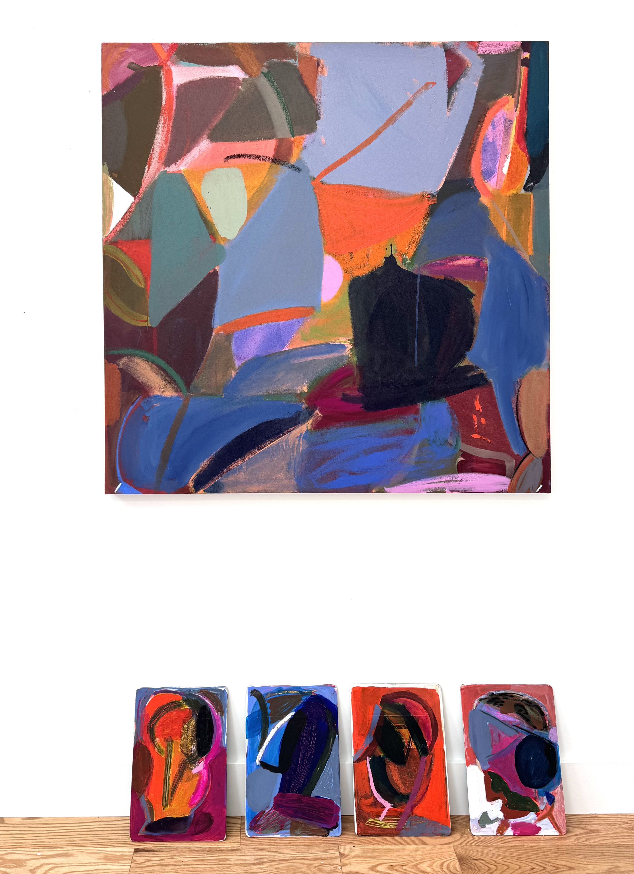 To A Paler Sky, 48"x48", 2026 and Figurines, 14"x10" each, 2025