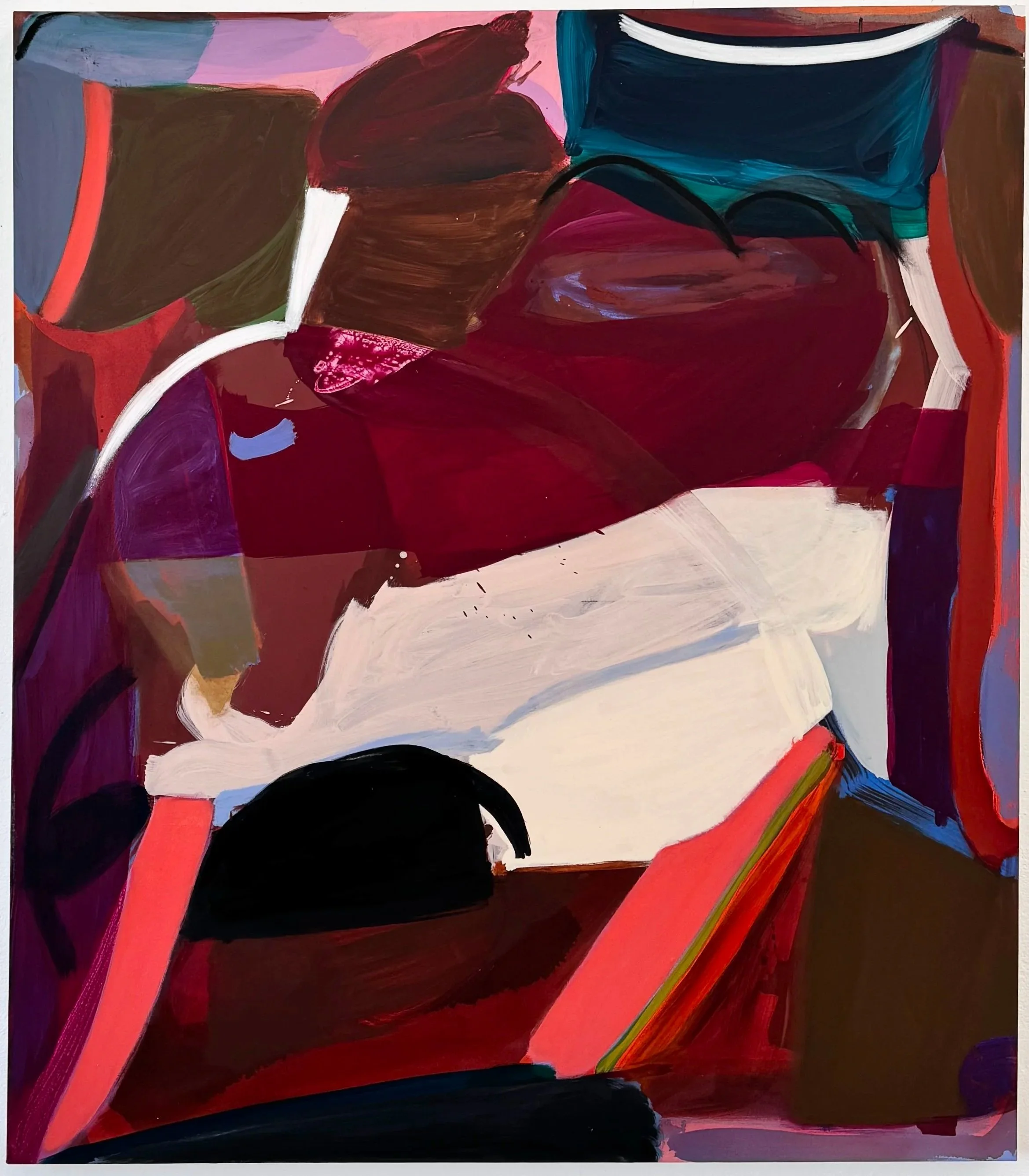 Warm Foundation, 48"x 42", acrylic, oil, charcoal on canvas, 2025 // on view in the group exhibition Committed to Uncertainty, at Ravenwood, upstate NY, thru spring and summer season