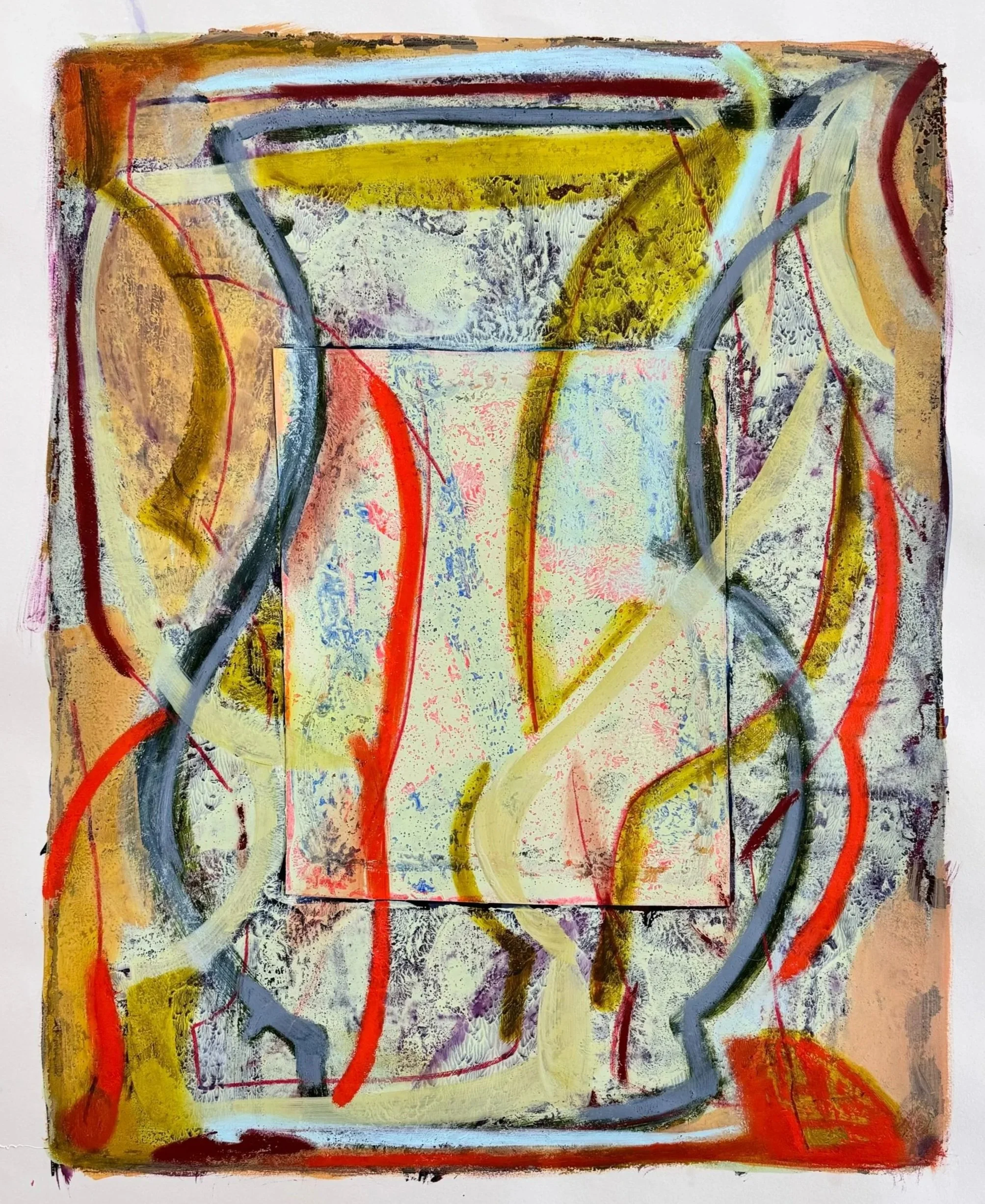 Vessel Aflame, 30"x22", acrylic, oil, collage, monotype on paper, 2024