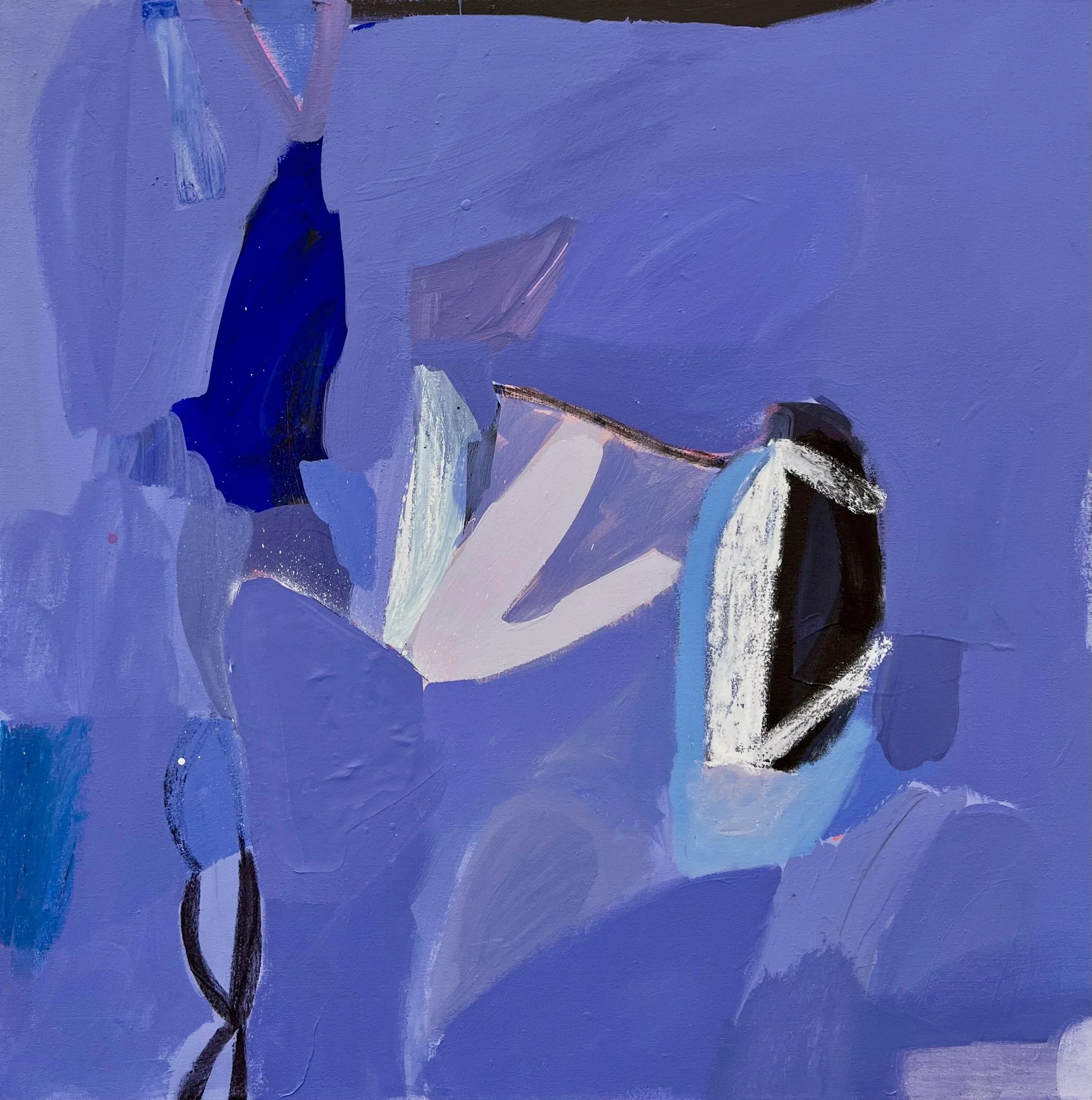 Blooms in Pacific Blue, 30"x30", acrylic, collage, charcoal, oil stick on canvas, 2022, $2200