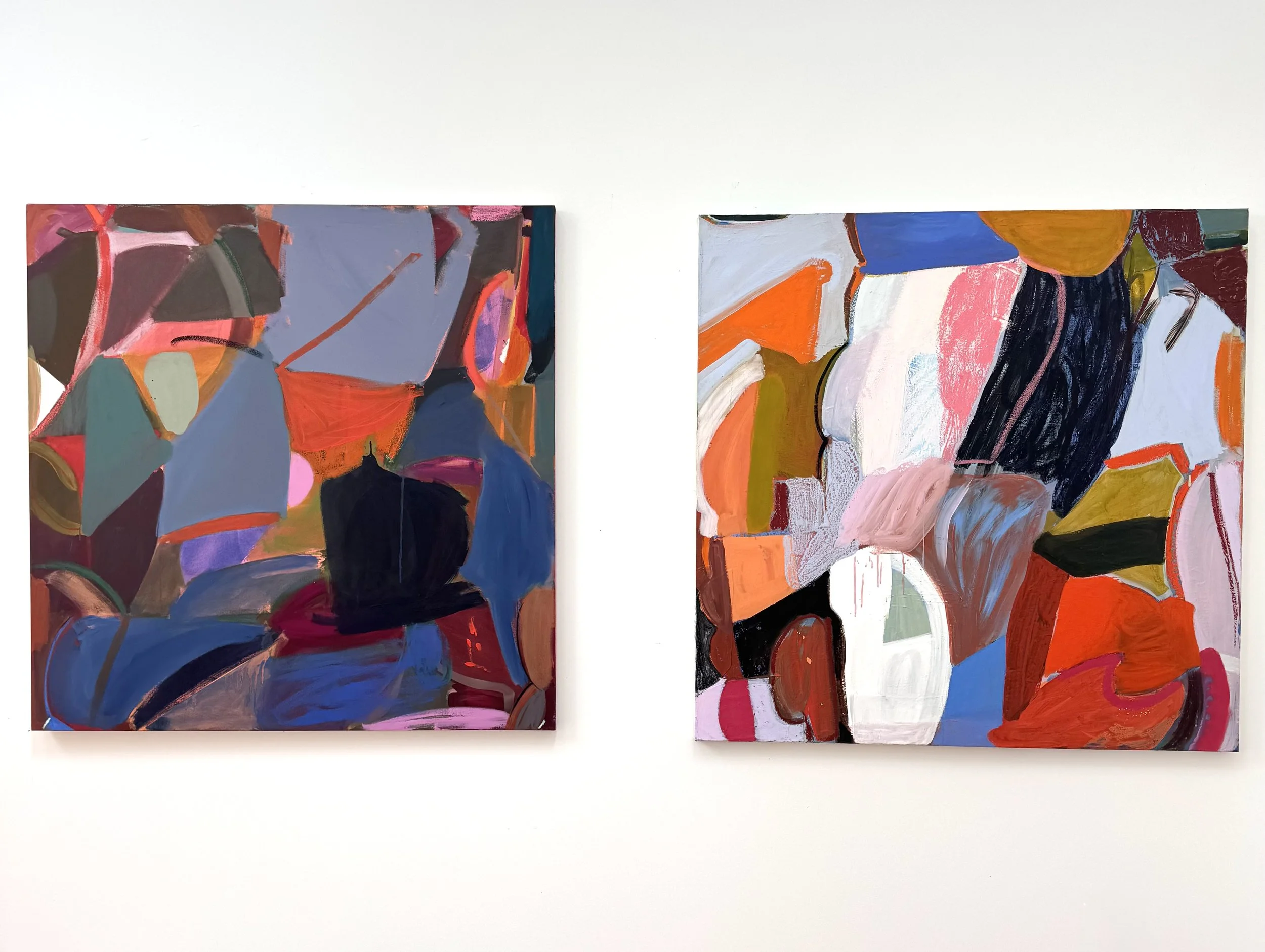 (L) To A Pale Sky, 48"x48", acrylic, gouache, oil, charcoal on canvas, 2026 and (R) Circus Day, 48"x48", acrylic, gouache, oil on canvas, 2024