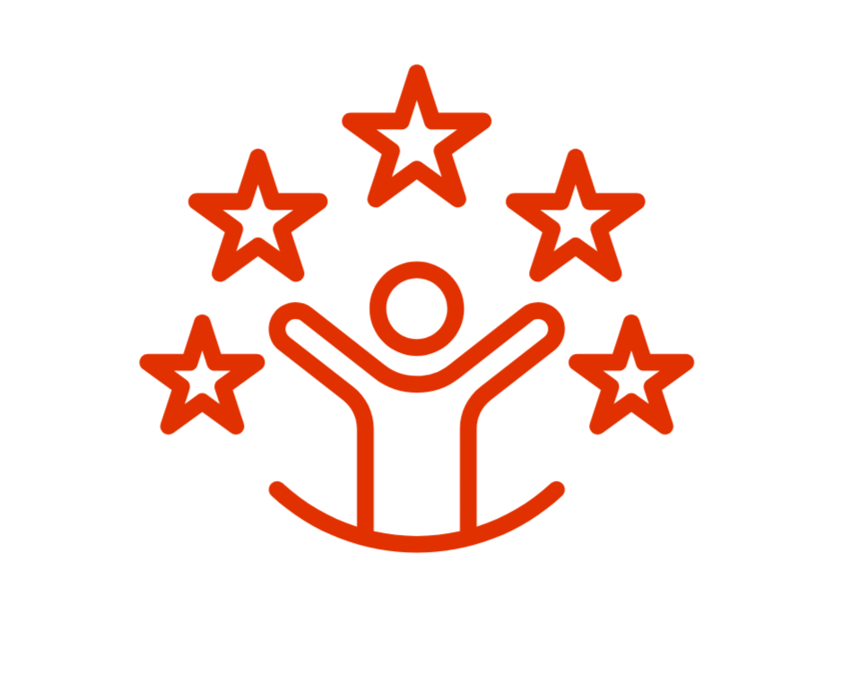 Icon of a person surrounded by stars, symbolizing customer satisfaction, with text ensuring a guarantee of happiness with the service