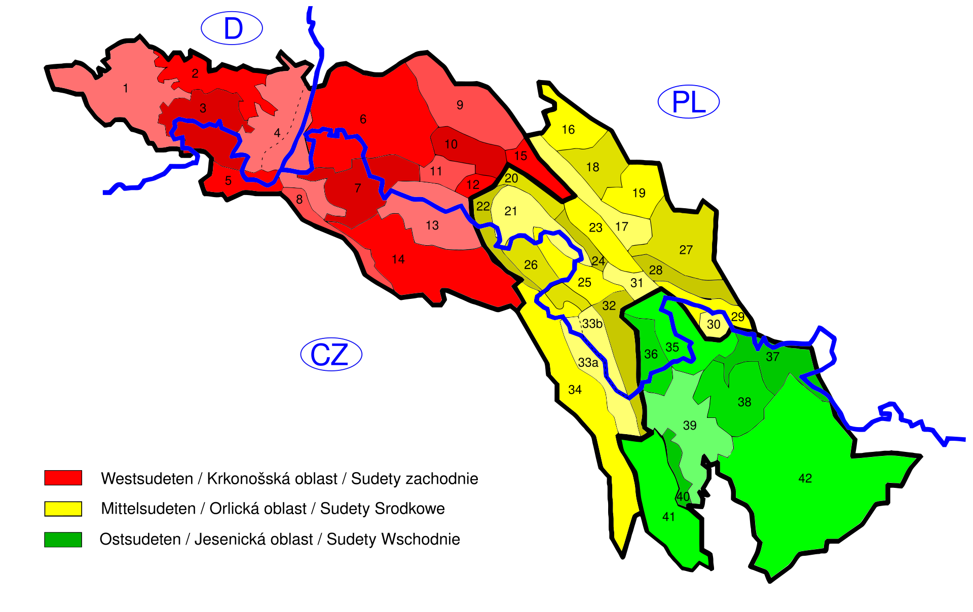 Mapa Sudety zachodnie, sudety srodkowe i sudety wschodnie