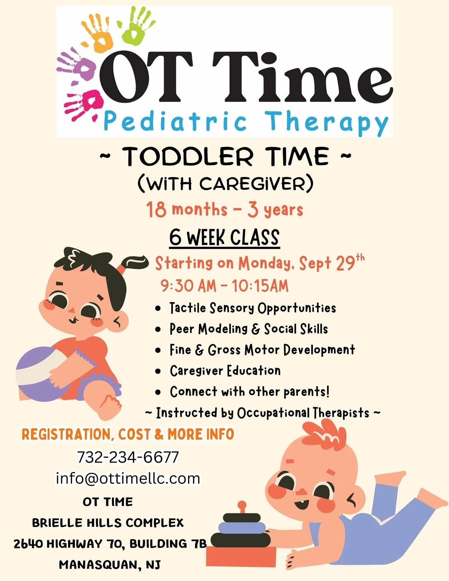🌟 Toddler Time 6 week Fall session is back! 🌟

Our 6-week class kicks off this Monday 9/29 at 9:30am 🎉 Designed and led by our pediatric OTs, each session focuses on tactile play, fine motor development, sensory-motor skills, and social interactio