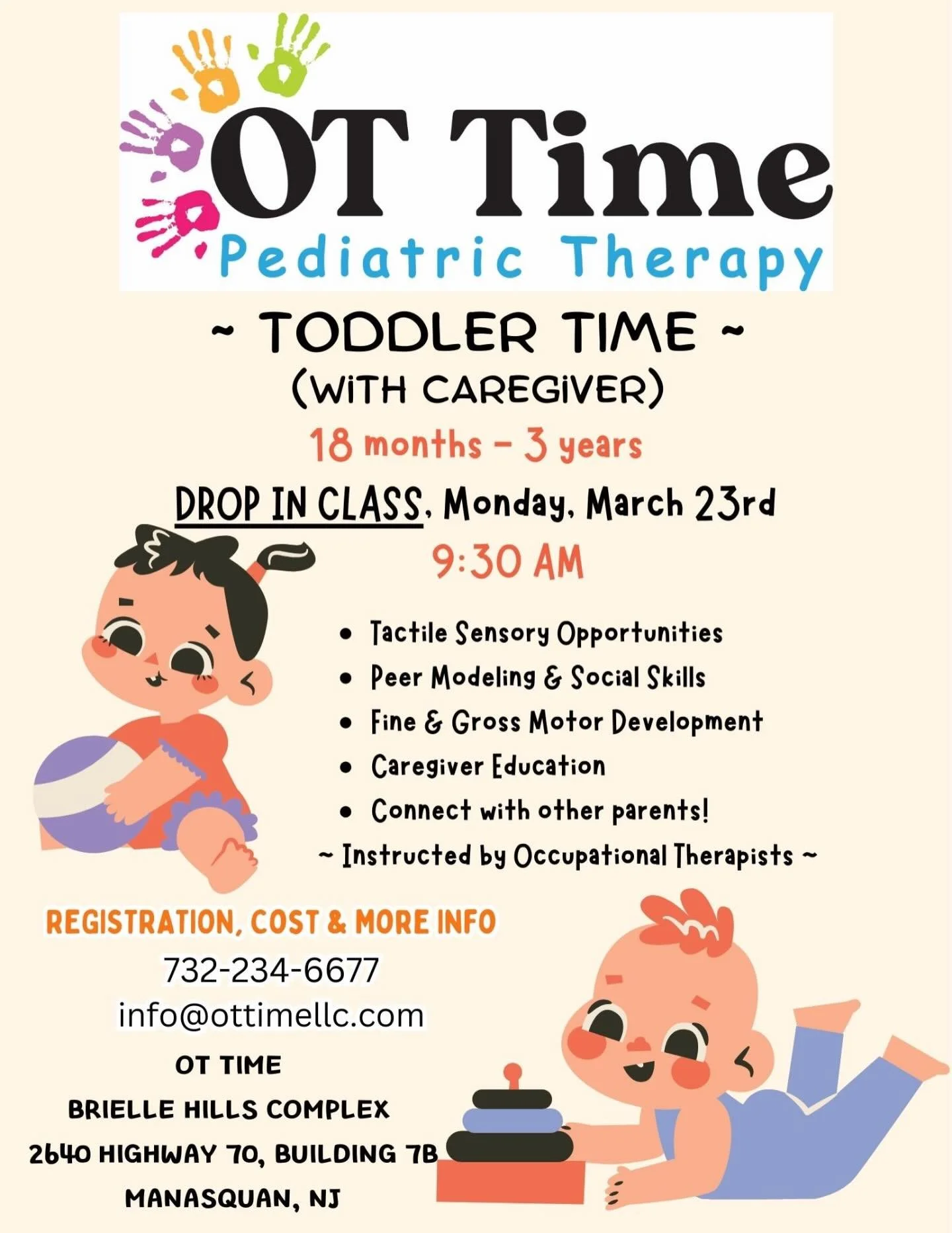 🤩Toddler Time at OT Time! 🎉
🌺Join us Monday, MARCH 23rd at 9:30 AM🌸
✔️ Caregiver participation
✔️ Led by licensed Occupational Therapists
✔️ Play-based fun supporting motor, sensory &amp; social skills

Spots are limited! Email us to sign up! 
in