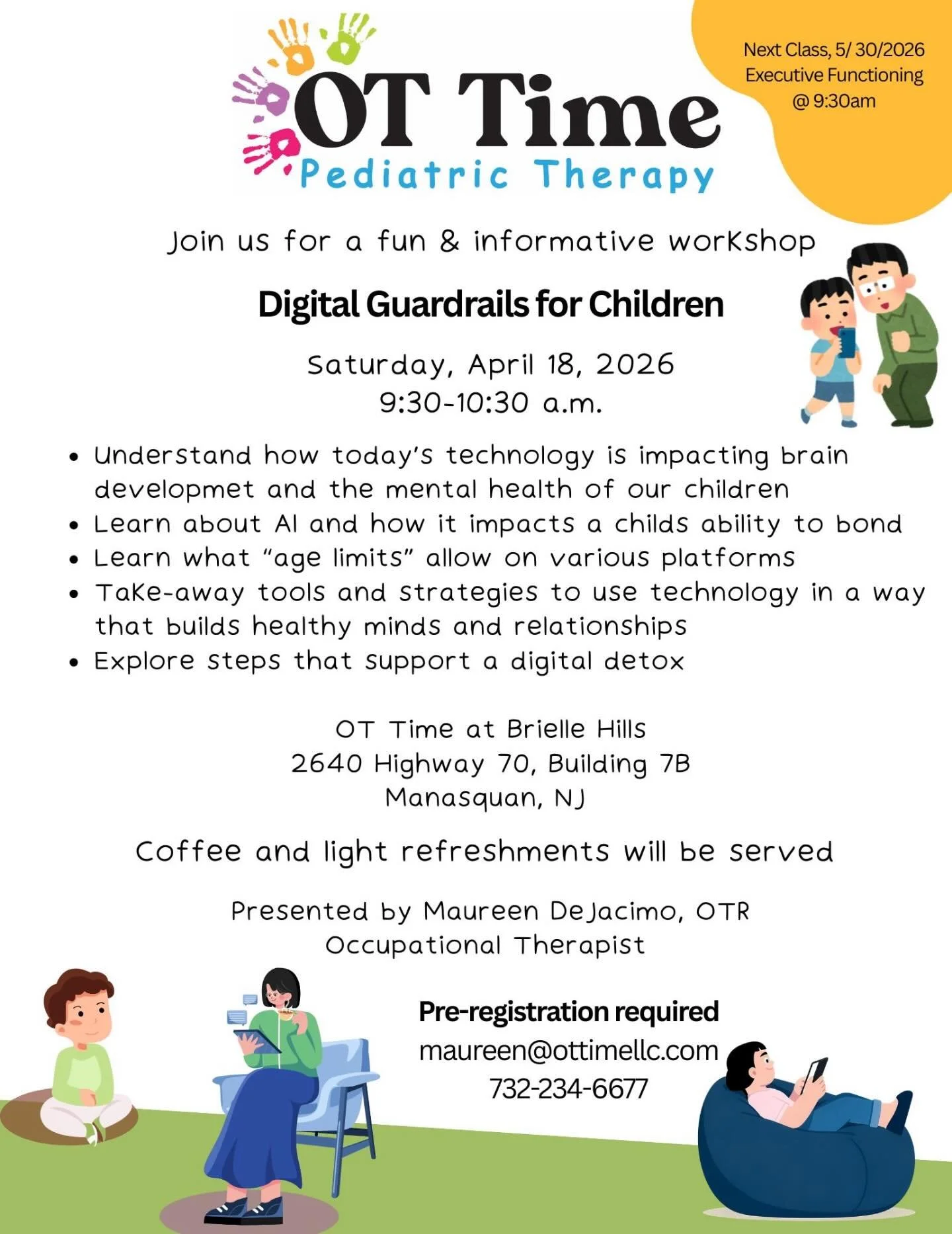 📱 FREE Parent Class: Digital Guardrails for Kids 
☀️Saturday, April 18th at 9:30AM 
☀️Join us for our next monthly parent/caregiver workshop focused on helping families confidently navigate today&rsquo;s tech-filled world. 

🤩Led by an Occupational