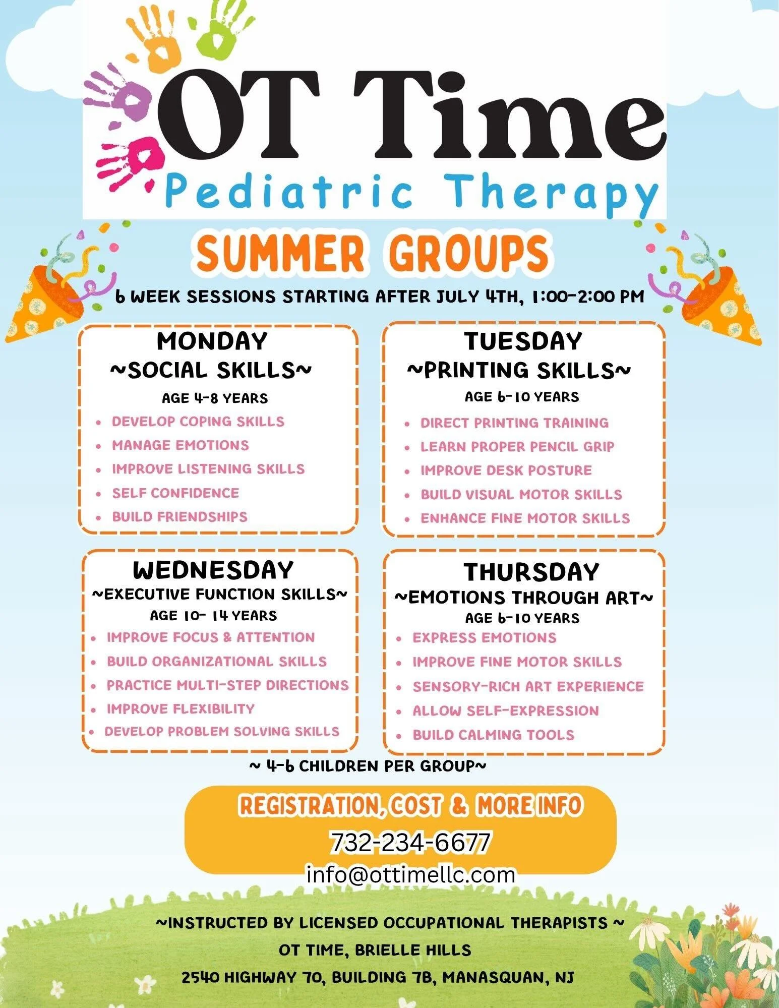 🤩OT Time Summer Groups are here! ☀️🙌

We&rsquo;re so excited to offer both new groups and bring back some of your favorites! This summer&rsquo;s lineup includes:
&bull; Social Skills
&bull; Handwriting Skills 
&bull; Executive Functioning Skills
&b