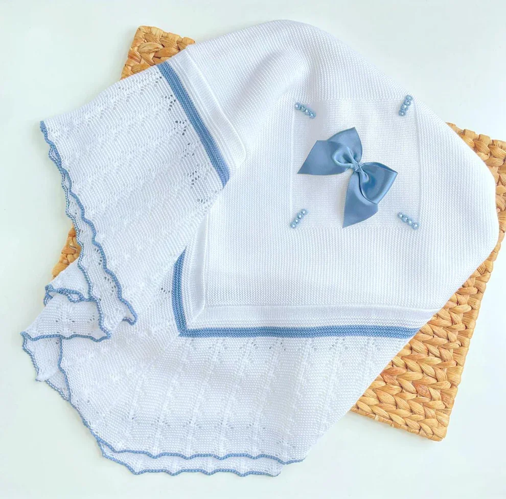 Spanish knit baby blanket, large size (60 x 60), soft, white with steel blue.