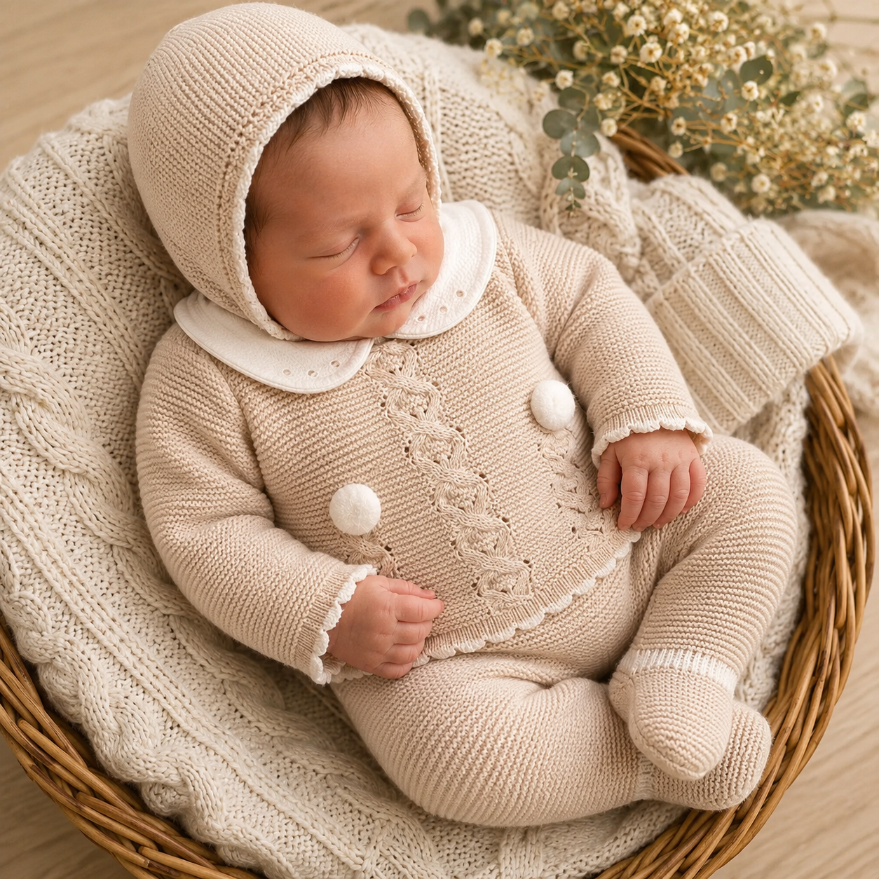 Newborn knitted set with hat, cream and white set, pants and flannel set, newborn set, newborn knit clothes
