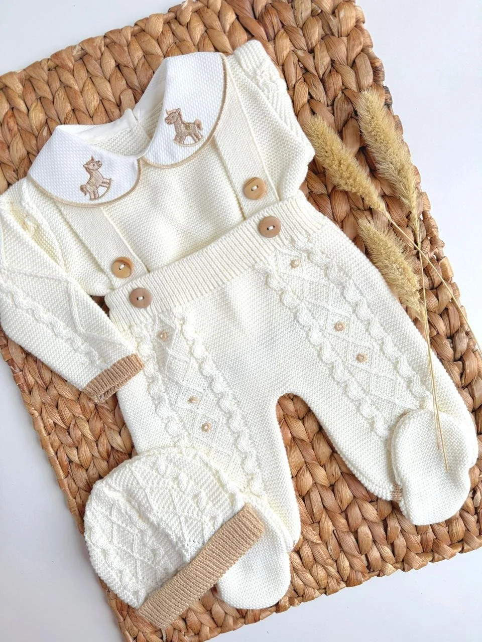Newborn Clothing Set with Embroidered Horse Design, Hospital Outfit, First Outfit, Going Home Outfit Set, Ivory White