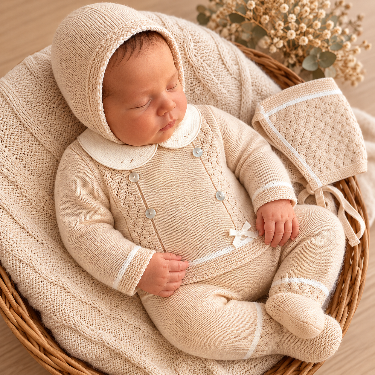 Newborn knitted set with hat, beige and white set, pants and flannel set, newborn set, knitted newborn clothes
