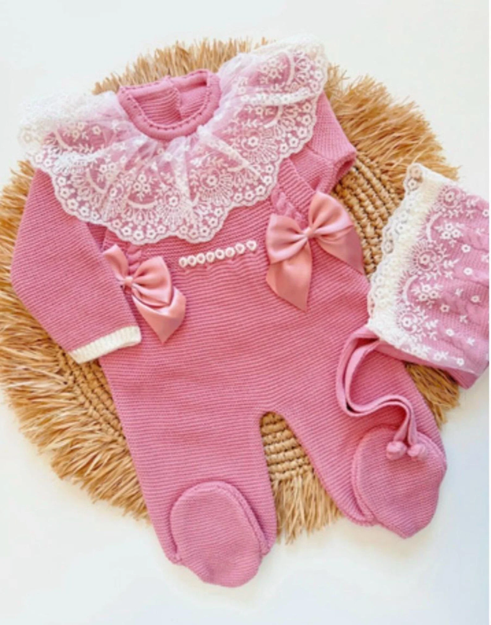 Knitted Baby Outfit Set in Dusty Rose with Organza Tulle and a Double Bow