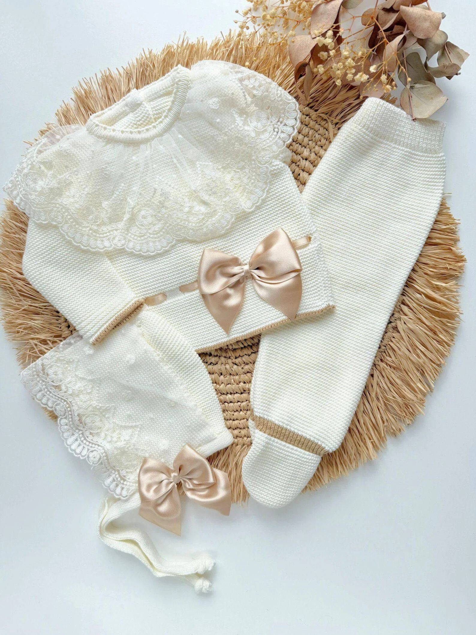 Deluxe Knitted Baby Outfit Set in Spanish Organza, in Pearl, Ivory White, and Camel