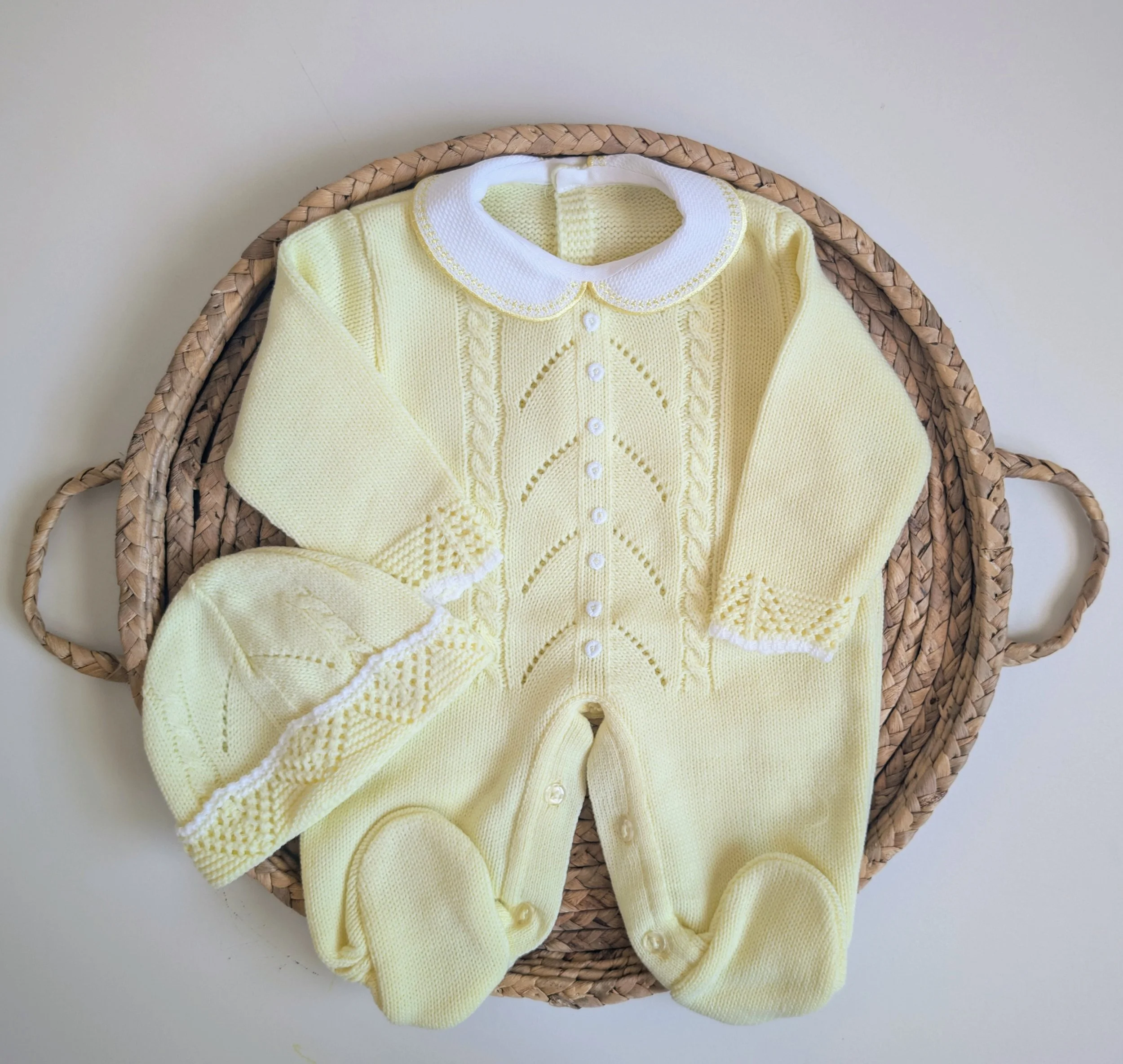 Spanish Style knitted newborn romper, newborn outfit first baby knitted outfit baby knit outfit, yellow color