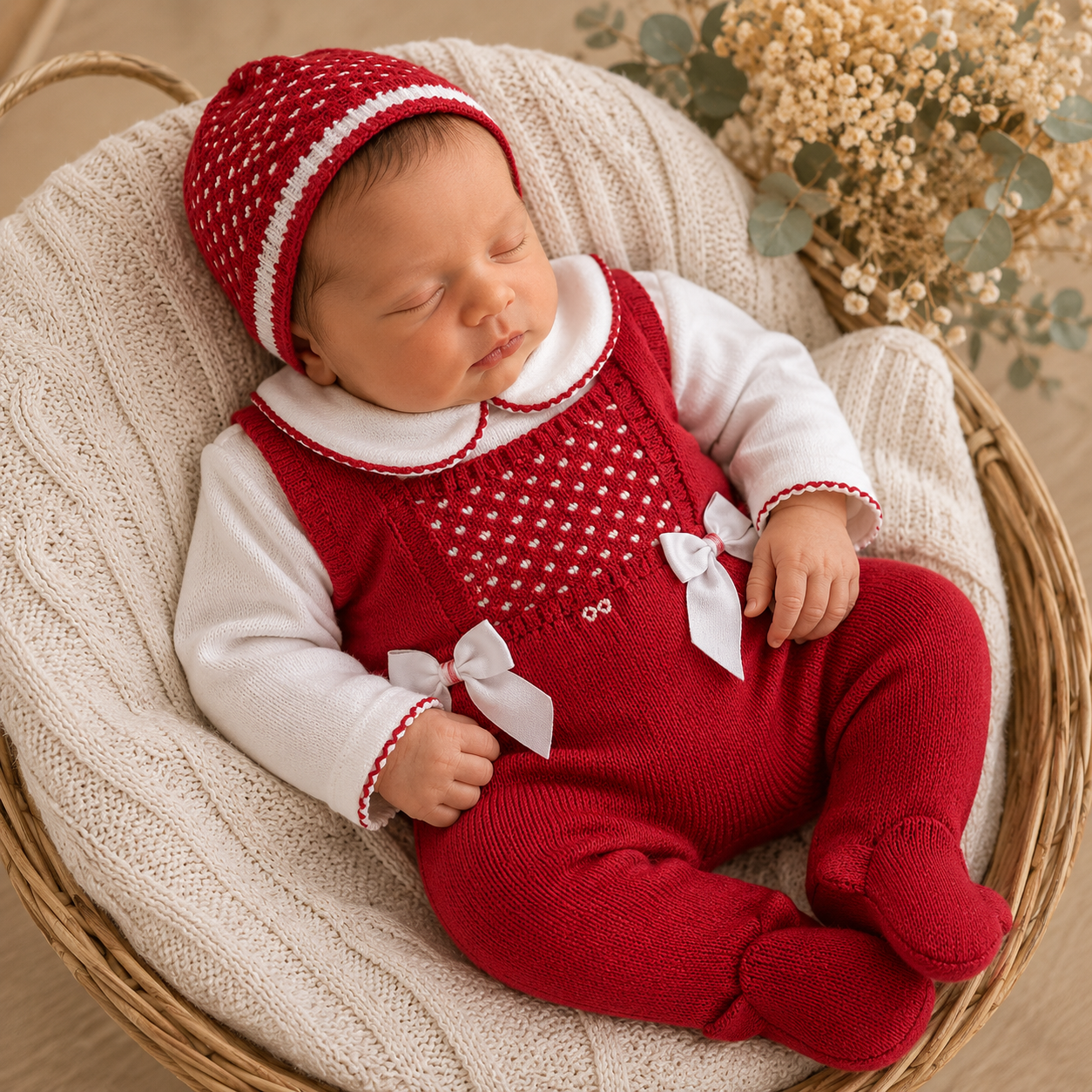 Baby set, red and white knit 3-piece set with hat, stylish newborn clothes, christening or baby shower gift, jacquard romper, neutral