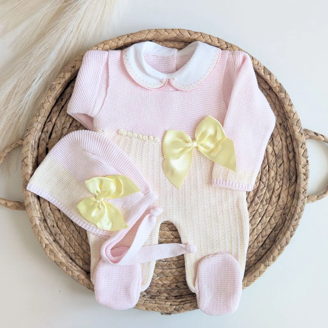 Knitted Newborn Romper Set with Polka Dots and Satin Bow, Light Pink & Yellow Baby Outfit, Coming Home Set, Baby Shower Gift