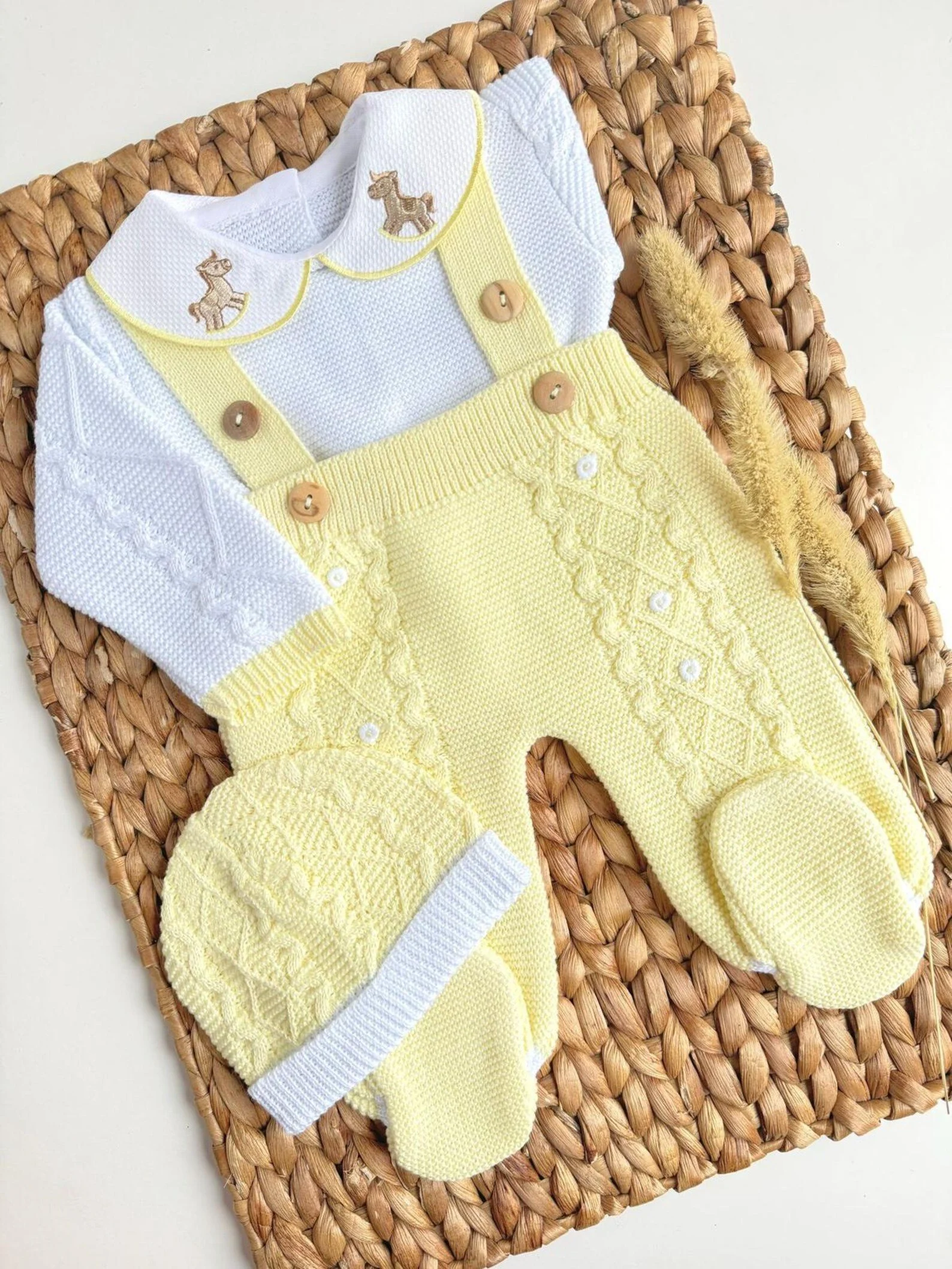 Newborn Clothing Set with Embroidered Horse Design Hospital Outfit, First Outfit, Going-Home Outfit Set YELLOW