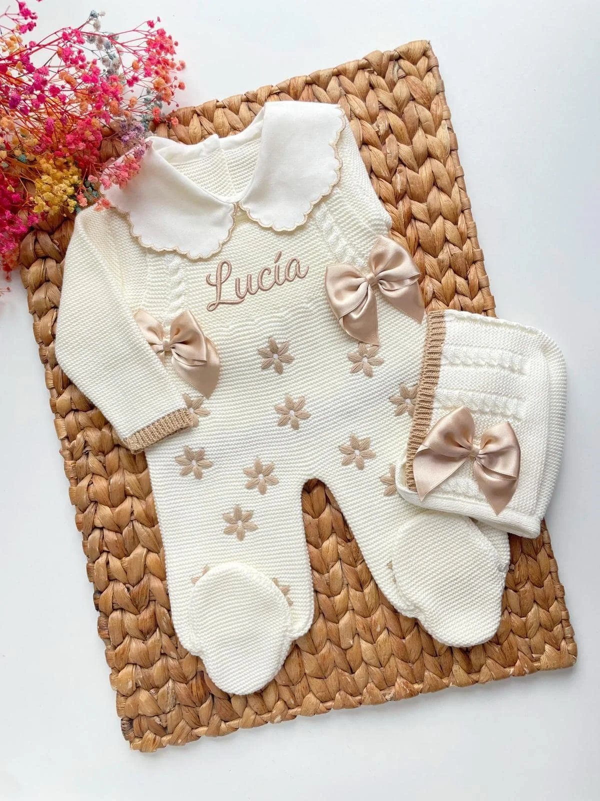 Newborn Baby Girl Knit Set, Going Home Outfit, Baby Hospital Outfit, First Baby Outfit, Petal Embroidery, Ivory White and Camel